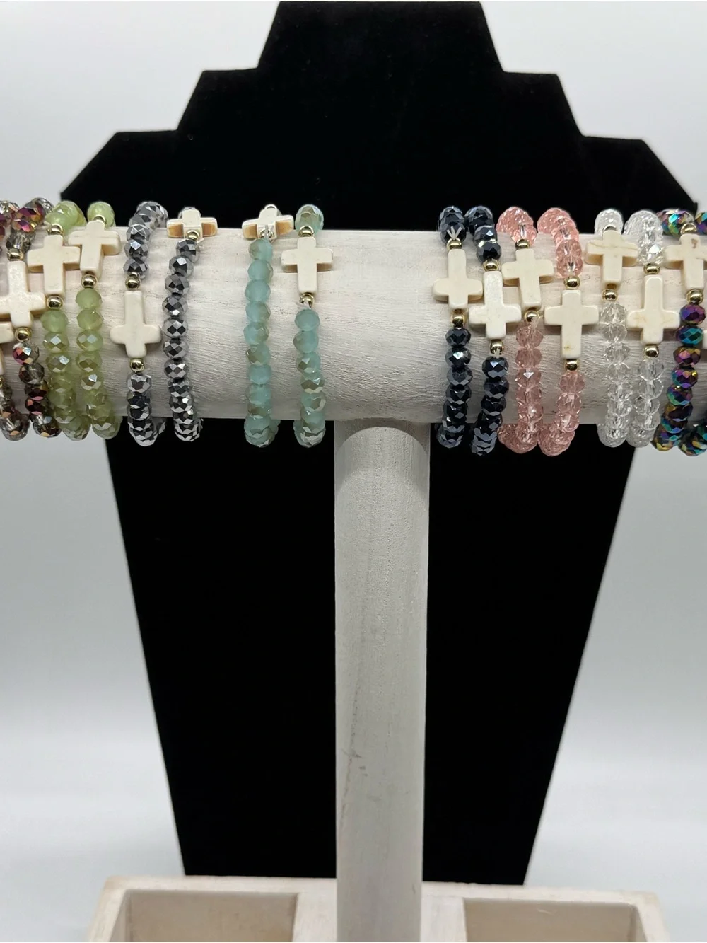 Clear Crystal Bead Stretch Bracelet with White Cross Accent